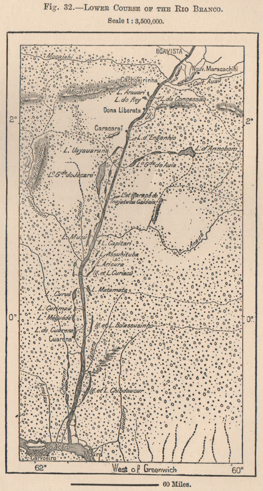 Lower course of the Rio Branco. Roraima Boavista Brazil. Amazonia 1885 old map